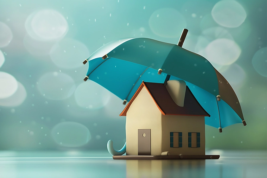 BAM ROOFING & CONSTRUCTION - An umbrella is positioned over a home to symbolize a roofing warranty designed to protect the property in Central IL.
