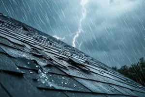 BAM Roofing & Construction – A storm outside a home in Central, IL, with lightning in the background and visible roof damage from the storm.