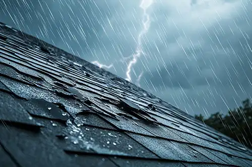 BAM Roofing & Construction – A storm outside a home in Central, IL, with lightning in the background and visible roof damage from the storm.
