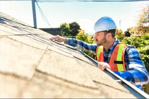 BAM Roofing & Construction—A male roofer with a vest and hard hat inspects a residential roof in Central IL.