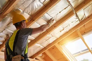 BAM Roofing & Construction—A professional roofer installs a thermal insulation layer under the roof of a home in Central IL.