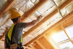 BAM Roofing & Construction—A professional roofer installs a thermal insulation layer under the roof of a home in Central IL.