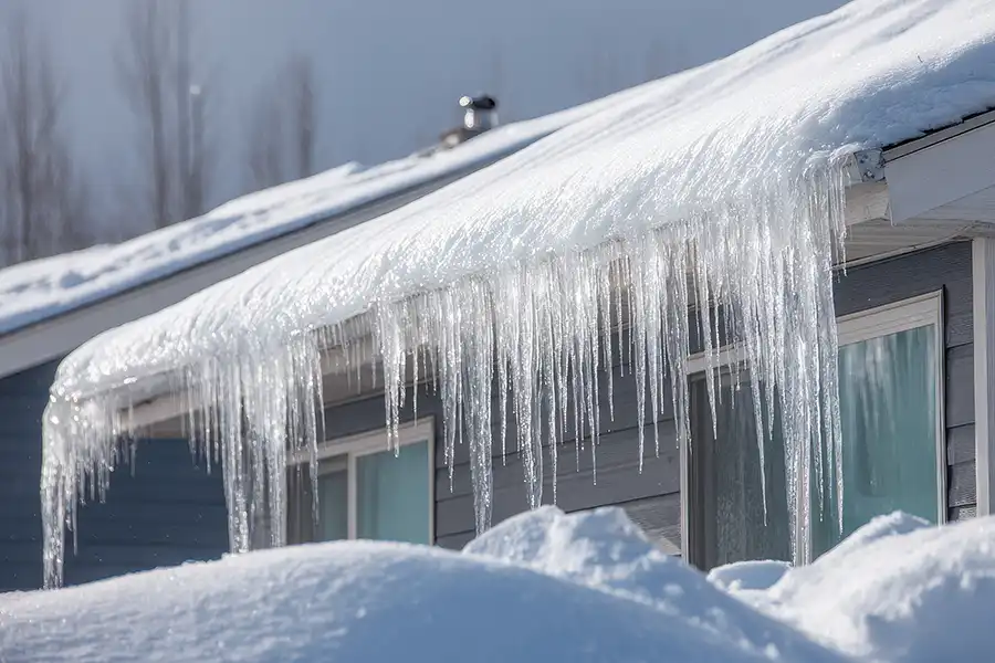 BAM Roofing & Construction—An ice dam on a residential roof in Central IL during the winter season.