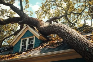 BAM Roofing & Construction—A large fallen tree on the roof of a home in Central IL.