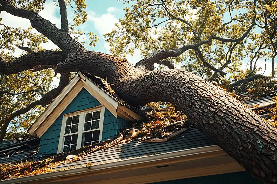 BAM Roofing & Construction—A large fallen tree on the roof of a home in Central IL.