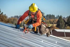 BAM Roofing & Construction—A construction worker installs a new metal roof on a business in Central IL.
