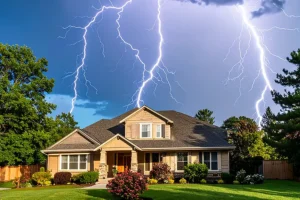 BAM Roofing & Construction—Lightning strikes above a residential house during the summer season in Central IL, prompting a home inspection.