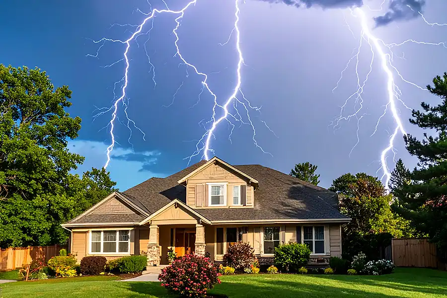 BAM Roofing & Construction—Lightning strikes above a residential house during the summer season in Central IL, prompting a home inspection.