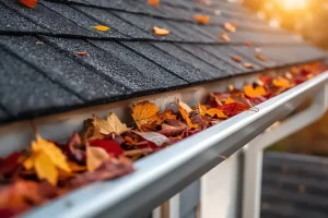 BAM Roofing—A roof covered in autumn leaves during the fall season in Central IL.