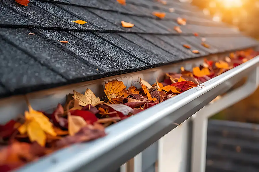 BAM Roofing—A roof covered in autumn leaves during the fall season in Central IL.
