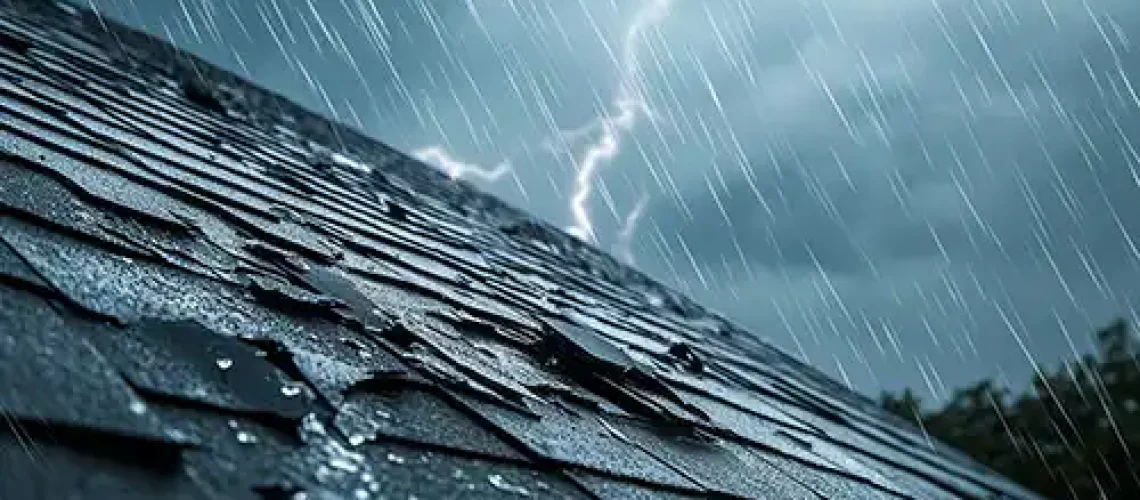 BAM Roofing & Construction – A storm outside a home in Central, IL, with lightning in the background and visible roof damage from the storm.